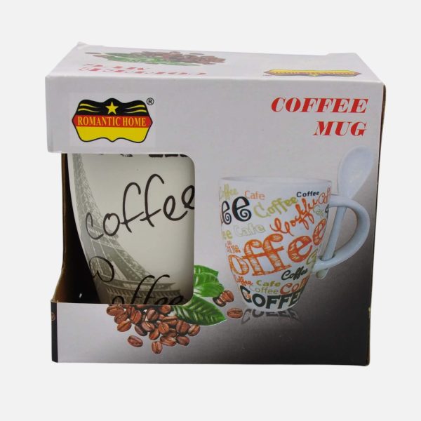 Romantic Home Ceramic Coffee Mug with Spoon – Coffee Print Edition